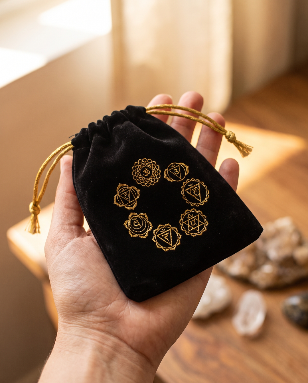 Sammetspåse med 7 chakrasymboler - livsstilsbild